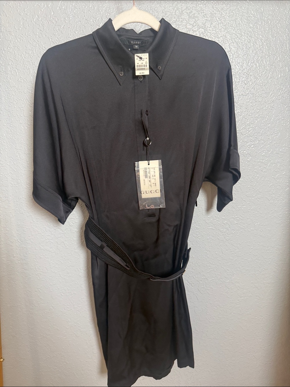 Gucci Black Short-Sleeve Button-Down Polo Shirt with Waist Tie